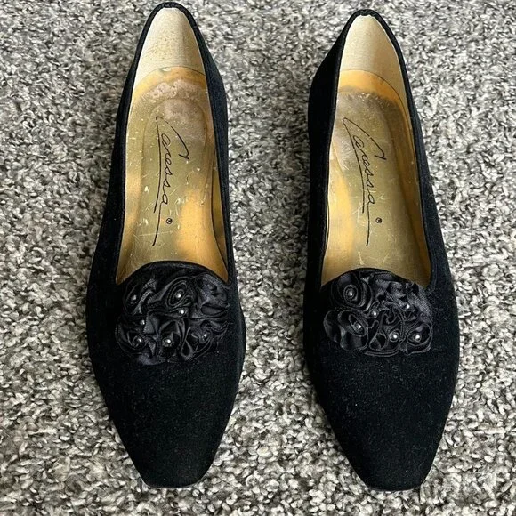 Vintage Velvet Kitten Heel Shoes Womens 8.5 Embellished Rose Coquette Whimsigoth - Picture 4 of 8